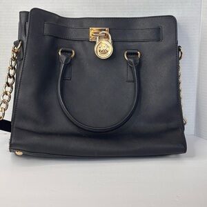 Michael Kors Hamilton Large Satchel Bag with Gold Chain - Black